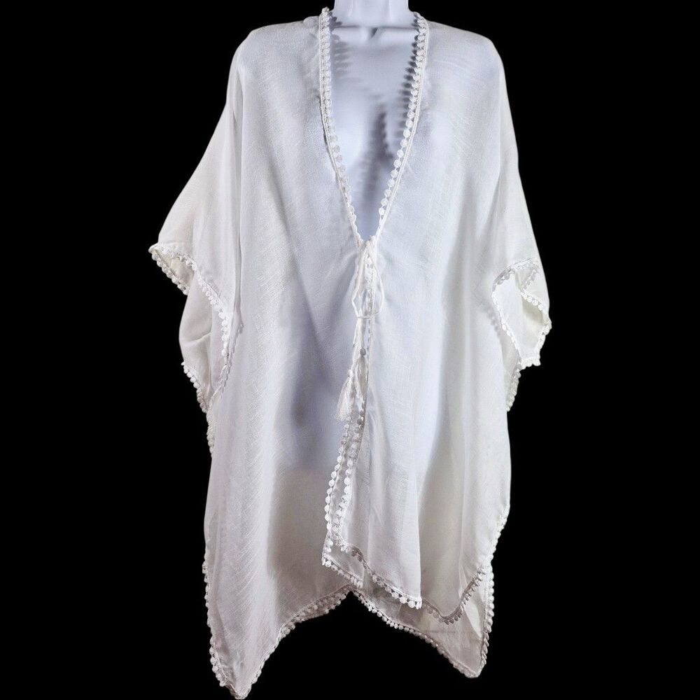 Rachel Zoe O/S White Crochet Lace Coastal Flowy Cover Up Tassel Tie Sheer Kimono - Picture 4 of 10